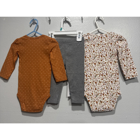 Lot of 3 Carters Baby Girls 9M Bodysuits & Pant Bird Flowers Print Brown Gray - Picture 2 of 5